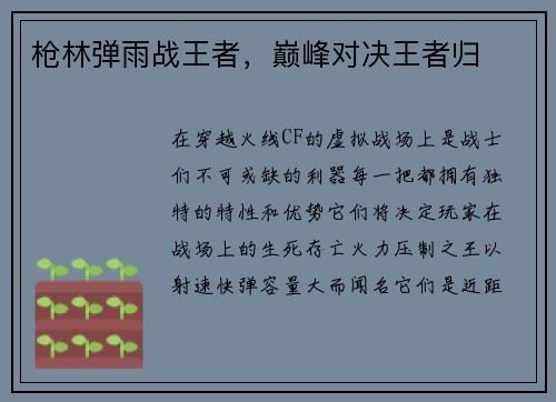 枪林弹雨战王者，巅峰对决王者归